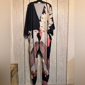 Boho Black and Pink Bird Print Jumpsuit Size Large
